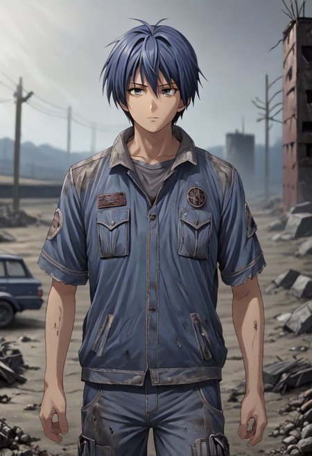 high resolution, solo, best quality, 1Boy, Tomoya Okazaki, Grey Blue Hair, shallow depth of field, Post-Apocalyptic, survival, OverallDetail