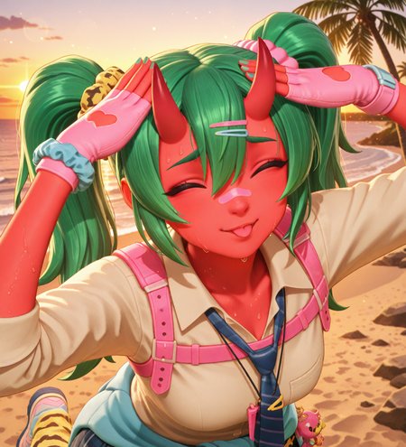 (dance, sparkling, happy, smile:1.2), (portrait, AhEtoBlehMeme, closed eyes, tongue out, :p, hands on own head, smile, looking at viewer, depth of field, bokeh, sunset, golden hour, beach, sand, palm tree, ocean, rocks, detailed background:1.5), fortnite_nemia, 1girl, solo, green hair, twintails, ponytail, long hair, bangs, hair between eyes, hair over one eye, ears, horns, oni horns, single horn, red skin, pink skin, blue eyes, parted lips, bandaid, bandaid on nose, bandaid on thighs, breasts, shirt, school uniform, necktie, plaid skirt, thighhighs, socks, loose socks, boots, jewelry, earrings, bracelet, charm, belt, gloves, fingerless gloves, knee pads, leg warmers, collarbone, solo, colored skin, hair ornament, hairclip, scrunchie, holster, striped necktie, clothes around waist, oni, plaid, charm (object), blue necktie, sweater around waist, animal print, heart, shoes, star (symbol), thigh holster, (female focus, female_focus, sweating, sweat:1.8),  <lora:Fortnite_Nemia_Demonically_Cute_Set_ILXL_E41_16_DIM:0.7>, <lora:dmd2_sdxl_4step_lora:1> <lora:AhEtoBlehMeme_illusXLNoobAI_Incrs_v1:1>