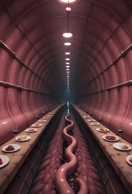 masterpiece, absurdres, best quality, amazing quality, ultra-detailed, newest, extremely detailed, very aesthetic, 
ultra detailed, intricate detail, ultra sharp, 
exquisite detail, exciting background, 
horror, 
BREAK, 
empty tunnel, (no human:1.3), 
dining table, dinner, wine, 
tunnel, sewer tunnel, reflection, creepy, dark, dirty, 
monster_wall, tentacles, grey monster, multiple monsters, tentacle pit, licking, tongue, interspecies,