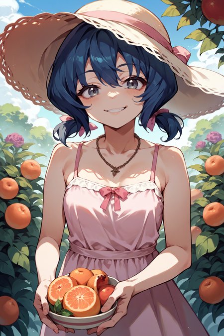score_9, score_8_up, score_7_up, score_6_up, source_anime, 1girl, solo <lora:funabori-pdxl-nvwls-v1-000005:1> funabori, dark blue hair, grey eyes, short twintails, sun hat, pink sundress, spaghetti straps, necklace, holding bowl of fruit, looking at you, smug, garden