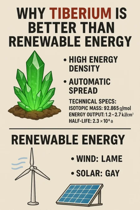 make a detailed infographic on why tiberium is better than renewable energy like windmills and solar panels, give technical specifications for tiberium, but use arguments like "lame" and "gay" against renewables