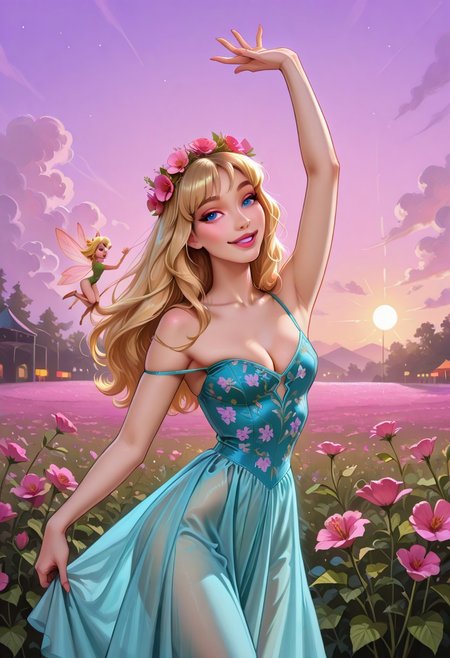 DisneyAurora, 1girl, blonde hair, blue eyes, solo, POH-Illu, flowers, hair flowers, hair ornament,
fae, fairy, playful, sexy, teasing, dancing, in a garden, sunshine, puffy clouds, hazy sunshine,
slender,
intricate sundress, festival dress,
slender hips, tiny waist, 
strap slip, cleavage, small breasts,
masterpiece, best quality, newest, absurdres, highres, very awa