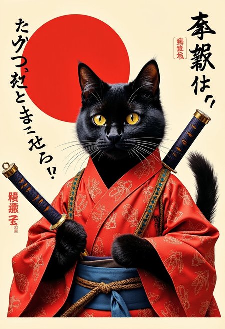 retro poster of a realistic black cat samurai in kimono with a katana, looking at viewer,japanese text, advertise,"A true warrior donates buzz!" <lora:flux-lora-80sJPadvertise:1.0>
