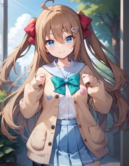 score_9,score_8_up,score_7_up,score_6_up BREAK official art,solo,outdoors,smile,upper body,(portrait:1.5),looking at viewer,facing viewer,Neuro-sama,ahoge,very long hair,long hair,brown hair,two side up,hair bow,red bow,hairclip,heart hair ornament,hair between eyes,bangs,blue eyes,school uniform,blue sailor collar,brown cardigan,open clothes,open cardigan,white shirt,green bow,puffy long sleeves,sleeves past wrists,button badge,small breasts,blue skirt,pleated skirt,bandaid on knee,single thighhigh,asymmetrical legwear,black thighhighs,single sock,loafers,brown footwear,<lora:Neuro-Sama(vtb)-Pony:1.2>,<lora:Smooth Anime Style LoRA XL>,