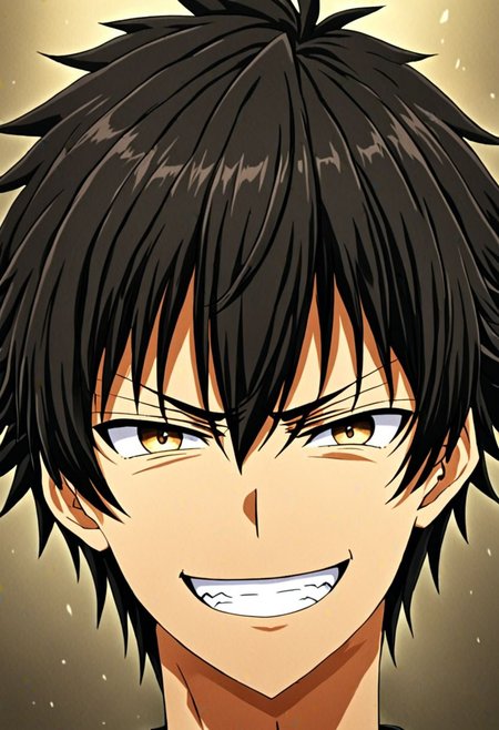 high resolution, solo, best quality, 1Boy, Seiya Kanie, black hair, short hair, portraits, looking at viewer, angry, smile, OverallDetail