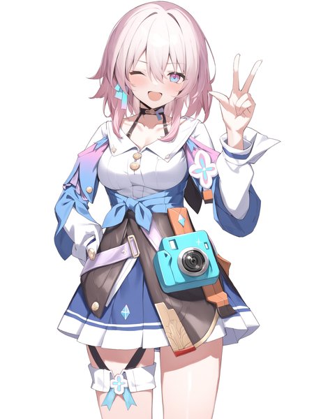<lora:xl_March 7th(kohaku_Delta):1>,March 7th is a girl with short pink hair and pink blue eyes,She is wearing Sanyueqi Costume, 1girl, solo, one eye closed, hand on hip, looking at viewer, collarbone, v, white background, camera, simple background, open mouth, blush, standing, thighs, virtual youtuber, medium breasts, gradient, masterpiece,best quality,