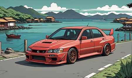 (Mitsubishi Lancer Evolution:1.1) parked in japan village, front photo, sea in background, simple anime style, 2D, celshading, thick lineart, heavy black ink lines, posterized, flat color, celshading, toonshading, Cartoon Rendering, Flat Shading, Graphic Novel Style, minimal shading, flat shading, hard color shading