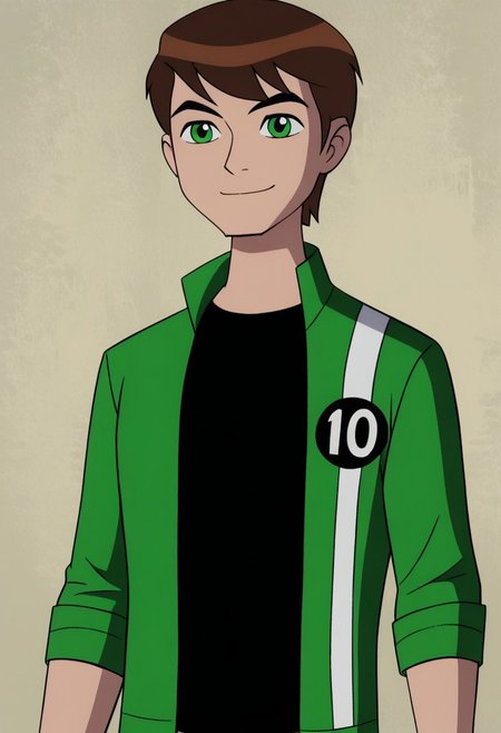 Ben_ua,1boy,solo,short hair,brown hair,green eyes,green jacked,open jacked,black shirt,smile,upper body,smile,closed mouth
