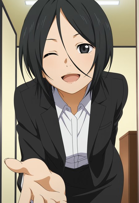 1girl,solo,black hair,short hair,black eyes,hair between eyes,anime coloring,
formal,jacket,pencil skirt,leaning forward, one eye closed, open mouth, smile,reaching towards viewer, indoors
,masterpiece,best quality,amazing quality,<lora:Hiroko_Seto-Shigatsu_wa_Kimi_no_Uso_IL:0.8>