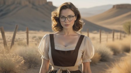 (contrapposto pose:1.3), HDR, rule of thirds composition, full-length editorial photo of 21yo seductress, cute face, dirty grimy yet feminine, 24 years old, (large bosom cleavage1.2), movie still from a 1940s western movie, (intense glare at viewer:1.15), (Defiant frontier healer in sunlit clearing, simple blouse with rolled sleeves and linen apron:1.2), strands of wild hair escaping from beneath her small hat, piercing gaze full of wisdom, skirt dragging slightly in the dust, scattered herbs and bandages in background, dried desert plants growing in patches, aged wooden fence half-broken nearby, warm golden sunlight casting soft glow, isolated and tranquil yet gritty atmosphere, air thick with the smell of sage and earth, large bosom, attractive body figure, feminine hourglass body shape, style of Alex Russell Flint, Classical Realism, Portraiture Focus, Delicate Details, Rich Textures, Natural Light, Melva_Machina,