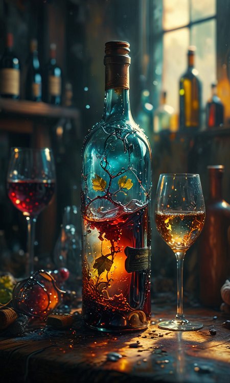 wine bottle and glass, masterpiece, fantasy, digital art, highly detailed, overall detail, atmospheric lighting, Awash in a haze of light leaks reminiscent of film photography, awesome background, highly detailed styling, studio photo, intricate details, highly detailed, cinematic, <lora:MJ52:0.6>,  <lora:SDXLFaeTastic2400:0.6>,