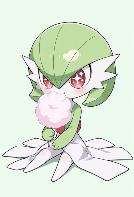 masterpiece, best quality, absurdres, amazing quality, detailed face, detailed skin, detailed eyes, high resolution, official style,  
1girl, ((chibi:1.1)), ((anime chibi style:1.1)), gardevoir \(pokemon\), 
solo, sitting on floor, full body, excited, cute, happy girl, eating cotton candy, holding cotton candy, eyes wide open, sparkling eyes, 
simple light green background, 
((no text:1.1)), ((no signature:1.1)),