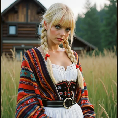 analog photography, shot by Kodak Duaflex II, ultra detailed, ultra quality, cinematic,  dynamic posing, sensual pose, bangs, a mesmerizing woman with platinum blond hair woven into an elegant braid, adorned with bright red ribbons, standing in a lush meadow. She wears a traditional Romanian blouse (ie) with intricate black and red embroidery, symbolizing fertility and protection. Her flowing white skirt features delicate floral lace along the hem, and a wide, beaded belt accentuates her waist. Over her shoulders, she drapes a vibrantly woven wool shawl with geometric patterns. Her gaze is soft and mysterious, her Slavic cheekbones illuminated by the golden sunset as she stands near a quaint wooden village.  <lora:Janacovaxhres-grm80vx:1> jancov