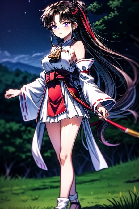 masterpiece,  best quality 1girl Setsun4 solo long hair,  (night time) forest background black hair very long hair purple eyes multicolored hair armor (fur trim) (medium body),<lora:EMS-179-EMS:0.800000>,<lora:EMS-293862-EMS:0.800000>ascot, bare shoulders, black footwear, detached sleeves, embellished costume, frills, japanese clothes, nontraditional miko, red skirt, sandals, sarashi, skirt, socks, white sleeves, white socks, wide sleeves, yellow ascot, zouri, armor, miko