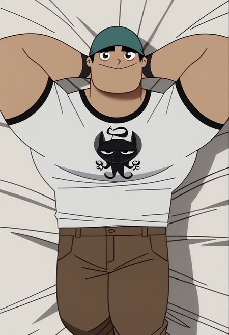 score_9, score_8_up, score_7_up BREAK BiffyD, 1boy, short black hair, black eyes, dark green brimless cap, short-sleeved white shirt with black accents, black wristbands, brown pants, white socks, male, male focus, solo focus, alone, full body, screenshot, official art, parody, cartoon footage, official design, screencap, cartoon screenshot, official screenshot, 2d, cartoon, source_cartoon, happy, looking at viewer, lying in bed, hands behind head,