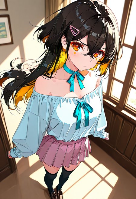 masterpiece, ultra-HD, very aesthetic, 8K, high detail, depth of field, score_9, score_8_up, 
BREAK
1girl, solo, ((slightly short side hair)), (reverse mullet:1.3), hair covering the gap between the eyes, black hair, Amber eyes, Amber inner hair, light Amber color eye makeup, (medium-length back hair), layered straight hair, airy bangs, ((side hair framing the face)), parted bangs, 
BREAK
white off-shoulder blouse, lavender pleated mini skirt, black thigh-high socks, dark brown loafers, light blue ribbon choker, pastel pink hairclip, 
BREAK
standing, pouting
BREAK
<lora:Black_Wolf-Cut_Girl_with_Orange_Inner_Layers:1>,