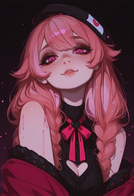1girl, solo,

pillowdear1st, clothing cutout, beret, jacket,
salmon-pink hair, pink eyes,
freckles,
beautiful eyes, detailed face,
looking at viewer,
dynamic composition, yandere expression, dynamic pose,

anime style, anime, pastel,
xxx667_illu, artist:moriimee, 748cmstyle, no lineart, flat color, ink art, EGirlPFP