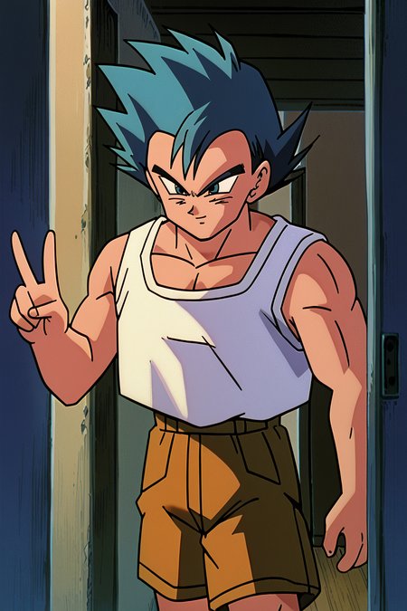 score_9,score_8_up, score_7_up, BREAK ict style,retro artstyle,1boy, solo, male focus,walking, doorway, blue hair, spiked hair, super saiyan, blue eyes, white tank top, cargo shorts, v, light smile,peace sign, indoors,   <lora:PokeMoviesPony:1> <lora:TienPonyV3:1>