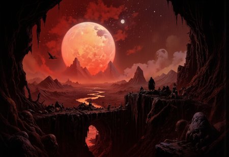 Cumberland gap, it's a devil of a gap,
,heavy rain,giant moon,silhouettes,restless souls,ravens,jagged,stars,alien-textured,down into the depth,epsilon,beta,omega,glowing in the dead of night,interwoven branching structures,depth and dimensionality,shimmering,horror theme,dark fantasy,best quality,masterpiece, detailed, UHD, lots of fine detail,award-winning,vibrant,acid colors,gloss,illustration,surreal,cinematic, ,visionary,disturbing,angst,thrilling,dramatic angle,unique perspective,hdr,red,yellow,deep darks, iridescence,intense poignant atmosphere,creative,uncommon,
Thomas Cole
Piotr Jabłoński
Greg Rutkowski
Edvard Munch
Edgar allan poe
 Ivan Aivazovsky