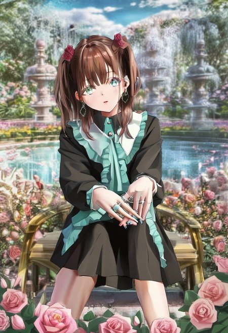 (animated pose:1.10), acting like, (From head to knees shot:1.10), (acting:1.07), perfect cool adult girl, female focus, adult, very beautiful, very aestethic, She wears an aestethic combination of clothes, detailed clothes with textures, (brown hair:1.05), hairstyle, (blue aqua eyes:1.05), lively character, lively behavior, looking at you, photography, accessories, rings, well-formed earrings, dynamic two hands, outdoors, cute anime park, fountain, flowers, red rose petals, pink rose petals, ancient benches, composition, absurd, epic, professional illustration, digital artwork, fashion, attire, AI_anime
