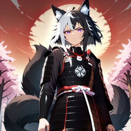 symphtia-style, source_anime, masterpiece, best quality, absurdres, vibrant, highly detailed, very aesthetic, cowboy shot, from below, 
BREAK 
1girl, solo, ((Nemu, Foxgirl)), (Black Hair, (Black_Fox_Ears, Black_Fox_Tail, Left White Hair Highlight)), samurai, wearing a black samurai armor, Oda symbol, weapon, katana, sparkling katana, holding, serious face, 
BREAK 
outdoors, sunset, reddish sunset, japanese garden, cherry trees, sunrays