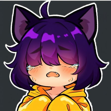 Expressiveh, masterpiece, best quality, amazing aestethics, score_9, score_8_up, score_8, Emote , high quality, high res , highly detailed face, black background, chibi, upper body close up, Yoko Momoko, 1 catgirl, shortstack, plump, fair skin,short purple hair, hair covering eyes, purple ahoge, purple  hair bangs, purple cat ears, purple cat tail, fang, orange raincoat, hood down, baggy clothing, black chocker, sad expression, tears, white outline