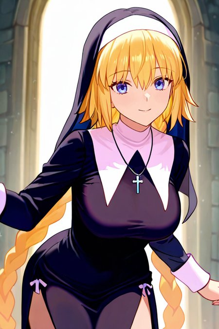 masterpiece, High quality, Ultra detailed, 2d, newest, absurdres, highres, BREAK
1girl, solo, <lora:jeanne_darc_mystery_treasure:0.8>, jeanne_d'arc_(mystery_treasure)_(fate), long hair, twin braids, low twin braids, blonde hair, blue eyes, 
large breasts, jeannemtNd, traditional nun, nun, habit, long sleeves, dress, black dress, jewelry, black veil, cross, cross necklace,