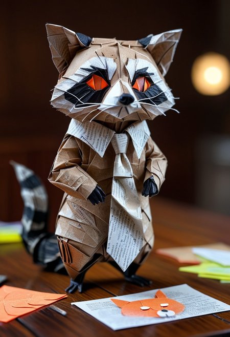 raccoon  made of paper, raccoon with tie, close up, textured paper, on wooden table, fluorescent, glowing eyes, paper computer, doing taxes, fluorescent, fluorescent dust, fluorescent spraypaint, glowing dust