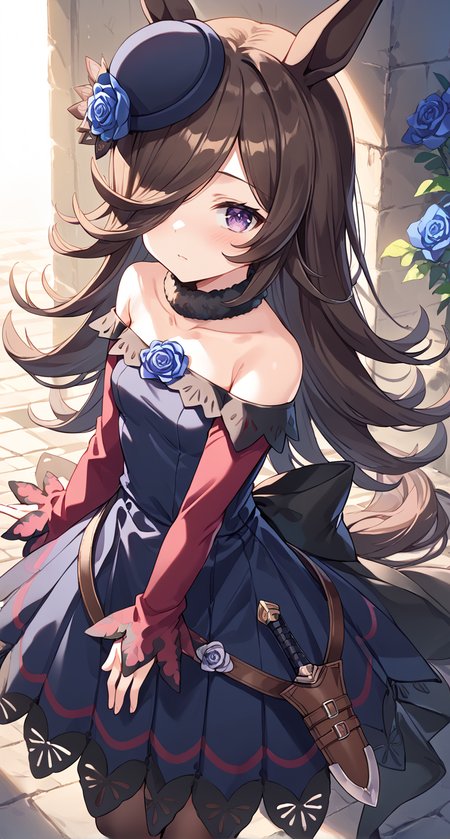 score_9,score_8_up,score_7_up,
official art,official style,game cg,megami magazine,
1girl,
rcs race,rice shower (umamusume),
animal ears,back bow,bangs,bare shoulders,belt,black bow,blue dress,blue flower,blue rose,
blush,brown hair,black legwear,brown thighhighs,collarbone,dagger,dress,dress bow,eyebrows visible through hair,
flipped hair,flower,fur choker,fur collar,hair flower,hair ornament,hair over one eye,
hat,hat flower,horse ears,horse girl,horse tail,knife,long hair,long sleeves,
off shoulder,off-shoulder dress,one eye covered,purple dress,purple eyes,purple headwear,rose,
sheath,sheathed,shoes,short dress,sleeves past wrists,tail,thigh-highs,thighhighs,
tilted headwear,very long hair,violet eyes,weapon,
standing,
<lora:umamusume_rice_shower_pony_v1:1>,