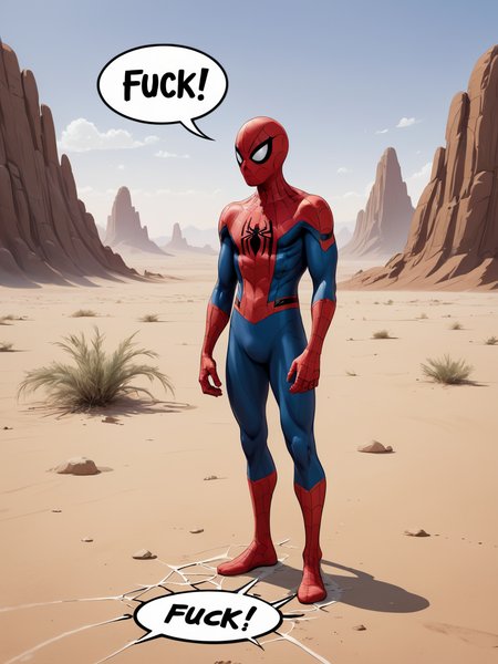 Spider-Man standing in a vast desert, head down, sad, head in hands, comic strip speech bubble spells the word "FUCK", spider webs on the ground
