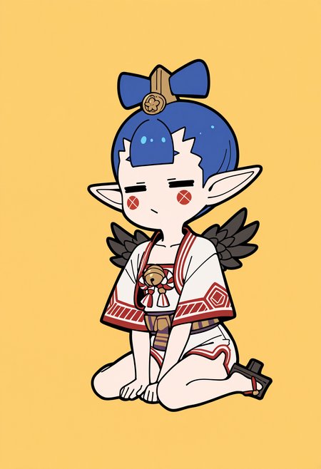 1girl, solo, chibi, wariza, closed mouth, = =,  hand between legs, flat color, <lora:AmanozakoSMT-illu:1> am4n0, blue hair, short hair, hair ornament, pointy ears, facial mark, white jacket, open jacket, cropped jacket, collarbone, wide sleeves, japanese clothes, romper, shimenawa, jingle bell, sash, black wings, tengu-geta, yellow background, paper lantern, masterpiece, best quality, good quality, newest