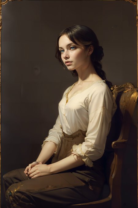 1girl, blonde hair, sitting, pants, (masterpiece:1.2), best quality, painting (by Abbott Handerson Thayer:1.2), portrait, symbolism, romanticism, (beautiful detailed eyes:1.6), extremely detailed face,               |
perfect lighting,