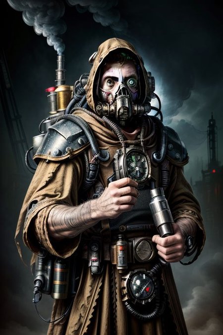 ((masterpiece,best quality)), absurdres, BREAK
mechanical arms, robes, hood, BREAK
((techpriest)), cyborg, mechanical face, mechanical limbs, gas mask, mechanical tentacles, (mechanical backpack), BREAK
1other, solo, holding pistol, firearm, handgun, pistol, gun, BREAK
factory background, smoggy sky, air pollution, smokestacks, BREAK
(postapocalypse)