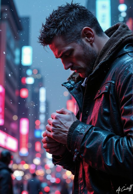 The 35mm fisheye lens contorts the scene into a feverish dreamâskyscrapers bend like drunken sentinels, their neon glow smearing into electric pink and blue halos that lick across the manâs weathered face. His clenched fists blur with pent-up fury, veins taut against skin like cracked leather, while the shallow depth of field reduces the world beyond his knuckles to a haze of shattered screens and ghostly billboards. The city pulses behind him, a distorted beast of glass and light, its lens flares cutting through the frame like jagged scars. Every elementâthe frayed jacket collar grazing his stubble, the monitorsâ dead screens reflecting his silent rageâwhispers of a man standing at the edge of oblivion, his closed eyes seeing only the war raging inside. A single, glowing word on one of the dead screens:"RUN", fg<lora:CustomFlux/MysticFantasy.safetensors:0.5000000000000001:0.5000000000000001> <lora:Flux/Stylized-Super-Texture.safetensors:0.5000000000000001:0.5000000000000001> <lora:CustomFlux/MysticRealism.safetensors:0.7500000000000001:0.7500000000000001>
