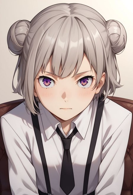 score_9, score_8_up, score_7_up, score_6_up, atsushi_nakajima, 1girl, solo, genderswap, female, koharu rikka, grey hair, purple eyes, short hair, double bun, white shirt, long sleeves, black necktie, suspenders, black pants, source_anime, best quality, masterpiece