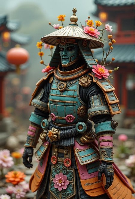 <lora:ck-plastic-models.safetensors:1> a diorama of a plastic model kit featuring
In a fantastical Asian warrior's pose, vibrant teal, pink, and orange samurai armor bursts with intricate machinery and flowers from behind, atop a traditional hat. Cyberpunk fusion dominates the scene, exuding an abstract, futuristic quality born of classic digital art tools.