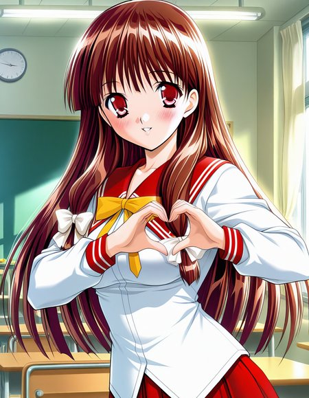 masterpiece, best quality, amazing quality, very aesthetic, high definition, absurdres, official art, ultra detailed, 
1girl solo, ouse_yumiko, long hair, brown hair, red eyes, tress ribbon, medium breasts BREAK school uniform, serafuku, red sailor collar, pleated skirt, yellow bow, 
blush, smile, parted lips, looking at viewer, standing, pinup, heart hands, in classroom, upper body, sharp focus, depth of field, highly detailed<lora:ouse yumiko v1.0-000018:1>