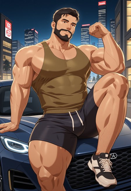 cr3sx4rt, male focus, bara, solo, 1boy, mature male, manly, short hair, muscular, big pecs, broad shoulders, thick thighs, black hair, thick beard, oversized tanktop, brown eyes, sneakers, posing, outside, gym shorts, city, night, against car, sports car, closed smile,
perfect anatomy, masterpiece, perfect quality, best quality, detailed, newest, very aesthetic