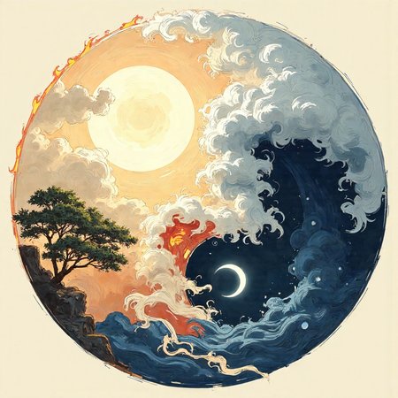 A highly stylized and surreal interpretation of the yin-yang symbol, transforming it into a living world of clouds, fire, and celestial bodies. With rich, flowing textures and a glowing, dreamlike color palette, it portrays the eternal dance between opposing forces—light and dark, calm and chaos—within the universe. The piece strikes a harmonious balance between motion and stillness, creating a meditative, immersive atmosphere that invites deep reflection on duality and unity.