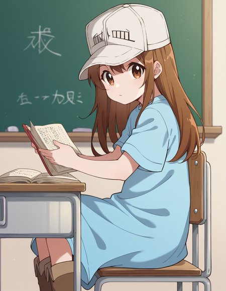 score_9, score_8_up, score_7_up, source_anime, <lora:platelet-s1-ponyxl-lora-nochekaiser:1>, platelet, long hair, brown hair, brown eyes,, shirt, hat, short sleeves, boots, white headwear, blue shirt, flat cap,, classroom, chalkboard, day time, studying, sitting, chair, desk,, , looking at viewer, arm bent at elbow, solo,, cowboy shot, dutch angle