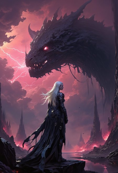 hyper realistic and highly detailed, highly dynamic cinematic medium full shot view, an atmospheric and powerful dark fantasy, natural organic and impressionist classical-style painting of a female Death Knight with a beautiful face and extremely long silver hair standing next to the colossal head of an undead dragon, glowing eyes, dark clouds, stormy weather, lightning, concept art, fantasy art, dark fantasy art, atmospheric haze, motion blur, depth of field, cinematic, panoramic action movie full shot, panoramic full shot, Salmon Pink hue and vibrant Heliconia tint