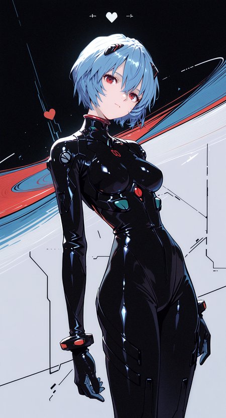 masterpiece, best quality, good quality, newest, highres, absurdres, ayanami rei, 1girl, solo, breasts, looking at viewer, short hair, red eyes, hair between eyes, closed mouth, medium breasts, standing, blue hair, heart, head tilt, bodysuit, headgear, science fiction, light blue hair, black bodysuit, pilot suit, plugsuit, interface headset
Dutch angle,dynamic pose, line style,
G0zeNA_illu, abstract, surreal
Flatline, Flat vector illustration <lora:illustriousXL_stabilizer_v1.23:0.3> <lora:NOOB_vp1_detailer_by_volnovik_v1:0.3> <lora:ponyv6_noobE11_2_adamW-000017:0.3> <lora:LightColor1llust:0.8> <lora:G0zeNA_style:0.7> <lora:checkpoint-e18_s306:1.3>