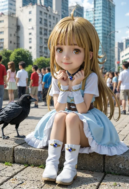 <lora:Hyper-SDXL-8steps-lora:1> <lora:Fixhands_anime_bdsqlsz_V1:1> zPDXL2, score_9, score_8_up, score_7_up, source_anime, intricate details, perfect anatomy BREAK
outdoors, city, tokyo, japan, audience, crowd, having coffee, sitting, looking at viewer, Happy,  wide smile with raised cheeks and crow's feet around the eyes., 1girl, solo, solo focus, 
<lora:driland-mikoto_XL(pony)v10:1> (chibi:0.6), driland-mikoto, blonde hair, long hair, brown eyes, driland-mikoto outfit, armored dress, breastplate, detached sleeves, blue skirt, white boots,