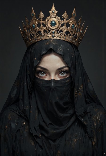 ((dark atmosphere, dark gray filter)) close up view
Dark Queen, gorgeous lips, dark red lipstick,((in a dark robe with her face completely hidden under a heavy fabric)). ((the eyes and the floor of the face are covered with a cloth))
On the head rises a luxurious crown with exquisite details. Gothic crown of the night queen.(The crown is tightly worn on the head) The atmosphere is dark and mystical, accentuated by dramatic lighting and deep shadows
high_detailed, captured in high detail