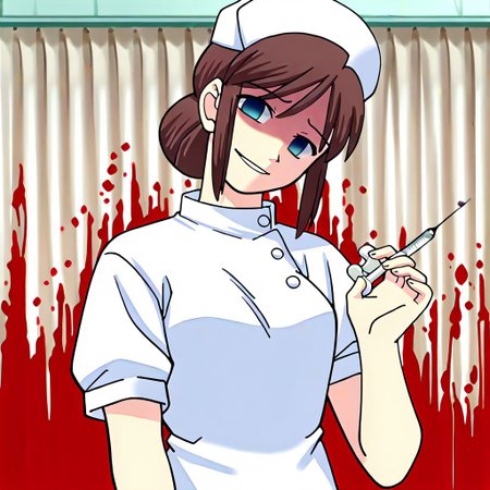 masterpiece, best quality, hospital room, blood splatters, blood smears, holding, holding needle, injection needle, looking at viewer,  head tilt, shaded eyes, horror theme, looking down at viewer, looming over viewer, <lora:Tsukihime NXL:1>1girl,shirakawa_miho,blue eyes,brown hair,single hair bun,large breasts,nurse, blood smeared walls, blood smeared background, blood splattered background, bloody uniform, nurse_cap ,scary smile, glassy eyed smile, cheerful smile, bubbly pose, <lora:shirakawa_miho-illus:0.9>,solo