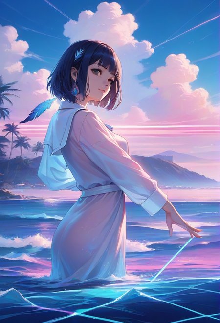, a representative feather, Hyperrealism, a witty waterfalls, matte painting, a vanishing thorn, synthwave, 1girl, solo, colourful, score_9, score_8_up, score_7_up, masterpiece, best quality, very aesthetic