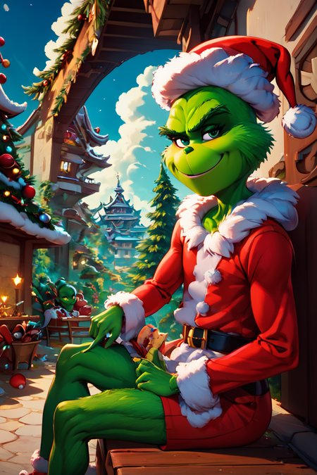 score_9, score_8_up, score_8, medium breasts, (curvy), cute, eyelashes,       ,,, , zzGrinch, 1boy, male focus, santa hat, christmas, santa costume, fur trim, green skin,   <lora:GrinchPDXL:1.0>,,,, BREAK, sitting on bench, side view, smile, looking at viewer, cowboy shot,  ,,, BREAK, pnkBldng, sky, day, cloud, tree, blue sky, building, architecture, east asian architecture,  ,,, BREAK, embedding:zPDXL, Expressiveh,  ,,, <lora:PinkBuildingsPDXL_v2:0.6>, <lora:SDXLFaeTastic2400:0.5>, <lora:Expressive_H-000001:0.4>
