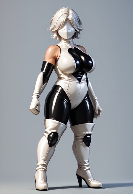 Score_10, score_9, score_8, full body, solo, 1girl, mature female, curvy, large breasts, shyhero, gloves, looking at viewer, elbow gloves, mask, white gloves, white hair, white leotard, thigh boots, libredrone, latex, rubber, no face, no eyes, no nose, no mouth