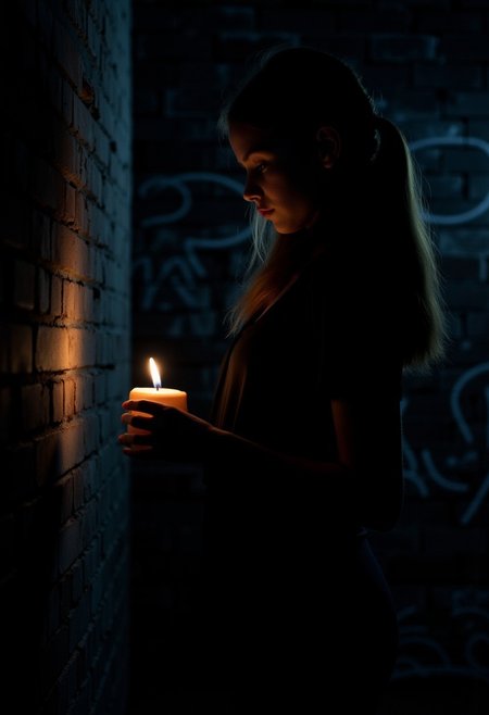 A girl holds a candle near a brick wall in a dark, graffiti-filled setting. The dim light creates a mysterious and somber nighttime atmosphere.