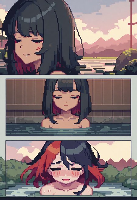 gorgeous lips, cinematic, (masterpiece), (best quality), (ultra-detailed), very aesthetic, illustration, perfect composition, intricate details, absurdres, detailed face, (anime, masterpiece, intricate:1.3), (best quality, hires textures, high detail:1.2), (4k),(incredibly detailed:1.4) 
(game pixel), (pixel art), (pixelart), (focus character), cartoon, (lofi style), pixel art, cutesycotton, (cyberpunk style)
1human girl, black hair, (red inner hair), medium hair, bob cut, fang, ((shy)), angry, closed mouth, closed eyes, embarrassed, onsen, steam, towel, after shower towel wrapped, wet